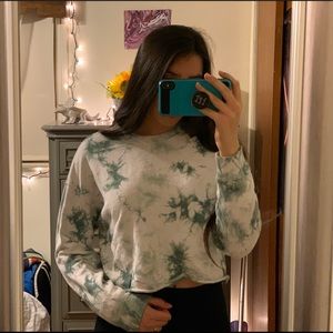 White & Green Tie Dye Cropped Sweatshirt